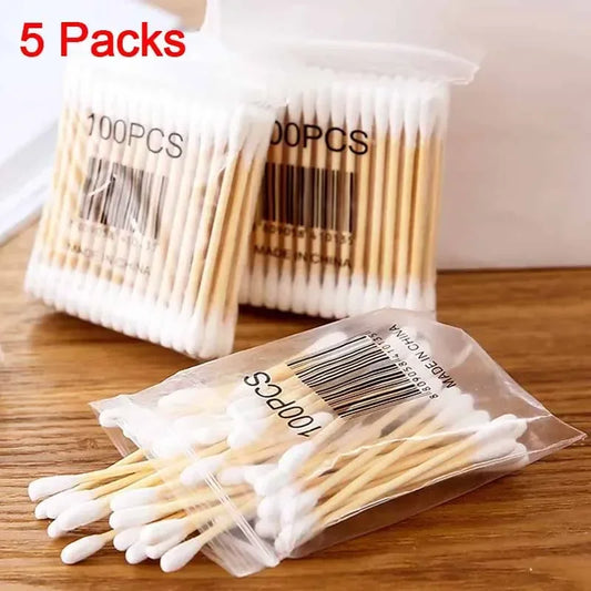 100pcs/Pack 5 Packs Cotton Swabs Double-ended Baby Disposable Cotton Swabs Ear Nose Cleaning Sticks Healthy Cleaning Tools