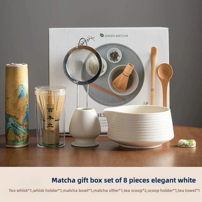2025 Hot 8PCS Premium Matcha Tea Set Japanese Ceremonial Ceramic Bowl Whisk Gift Set Box Starter Kit Sustainable Eco-friendly